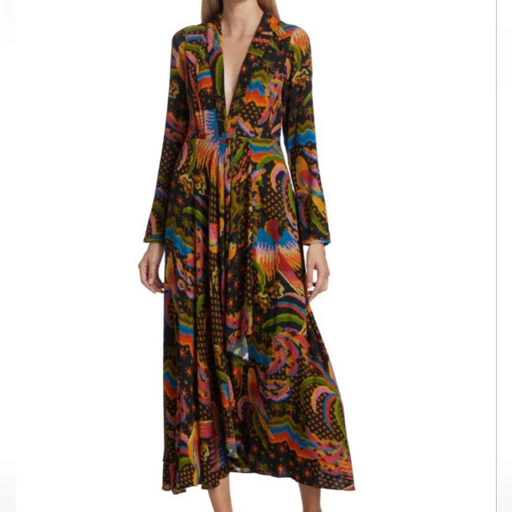 Farm Rio Macaw Island Maxi Dress  M  Long Sleeve Black Bird Print Boho